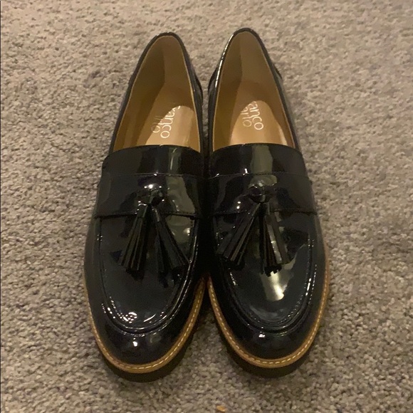 navy blue patent leather loafers